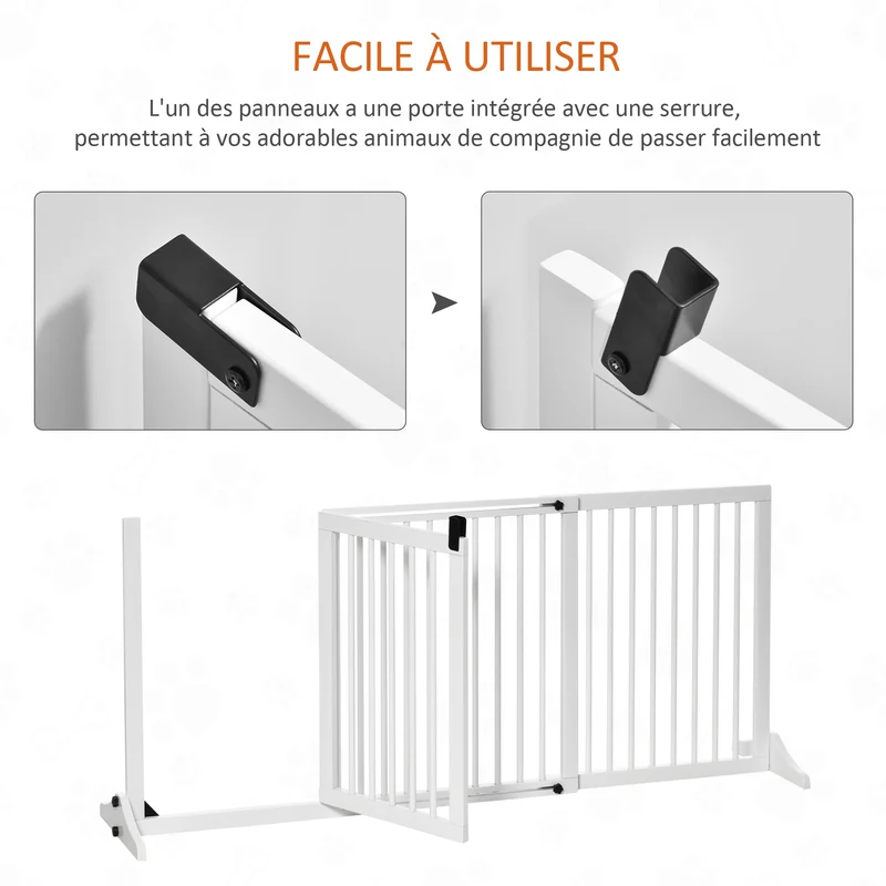 Barrière de sécurité autoportante réglable 113-166 x 36 x 71 cm porte verrouillable scandinave en bois de pin blanc 21_0007403