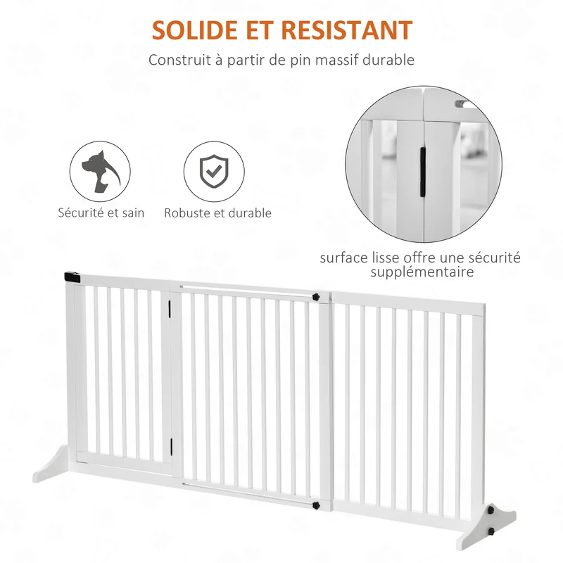 Barrière de sécurité autoportante réglable 113-166 x 36 x 71 cm porte verrouillable scandinave en bois de pin blanc 21_0007403
