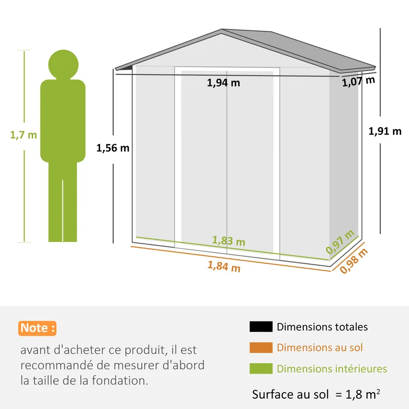 Abri de jardin rangement extérieur 194 x 107 x 191 cm double porte coulissante ventilé moderne design en acier gris foncé 21_0004182