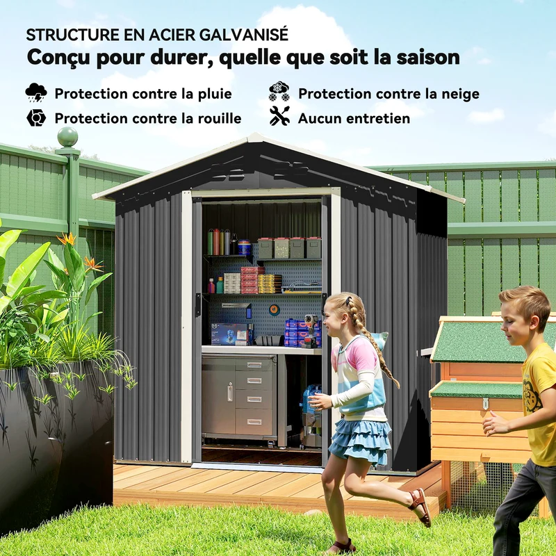 Abri de jardin rangement extérieur 194 x 107 x 191 cm double porte coulissante ventilé moderne design en acier gris foncé 21_0004182