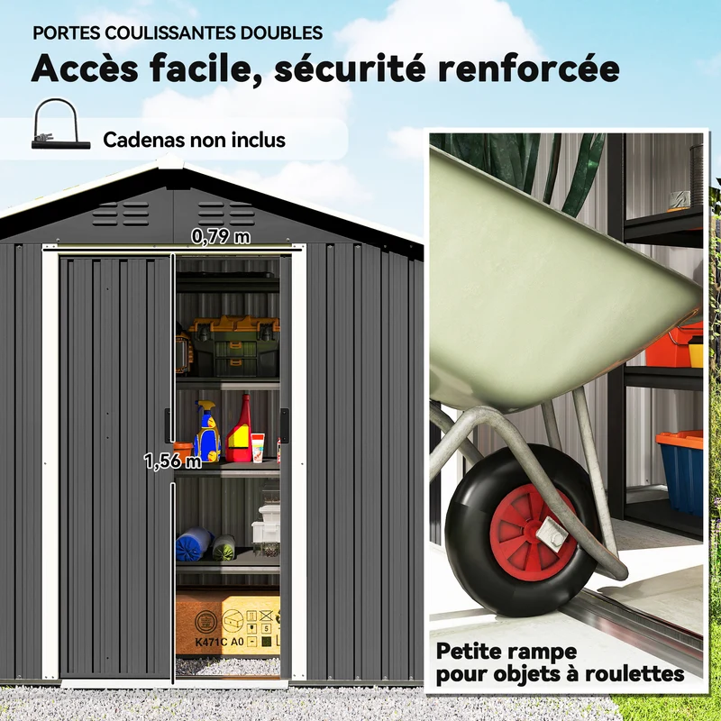 Abri de jardin rangement extérieur 194 x 107 x 191 cm double porte coulissante ventilé moderne design en acier gris foncé 21_0004182