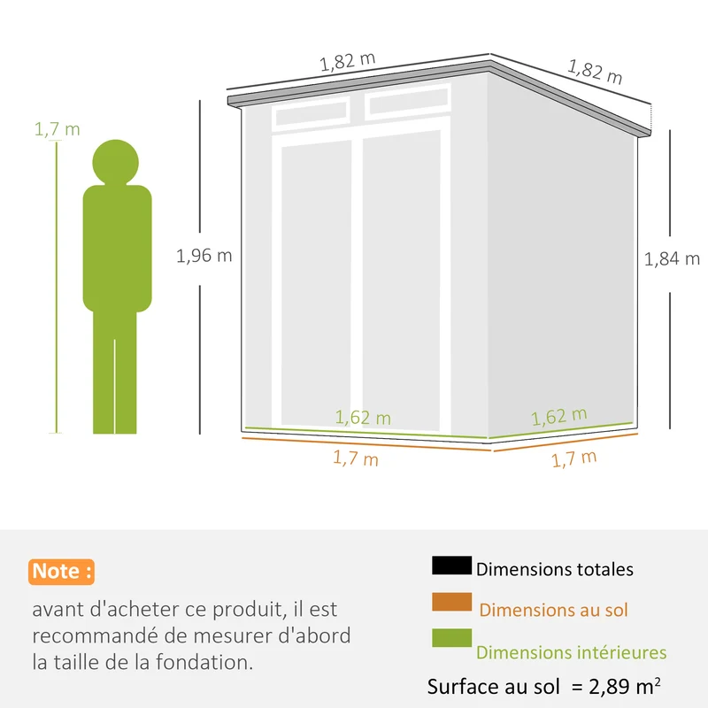 Abri de jardin double porte 182 x 182 x 196 cm rangement sécurisé ventilation anti-humidité contemporain en PP gris 21_0005616