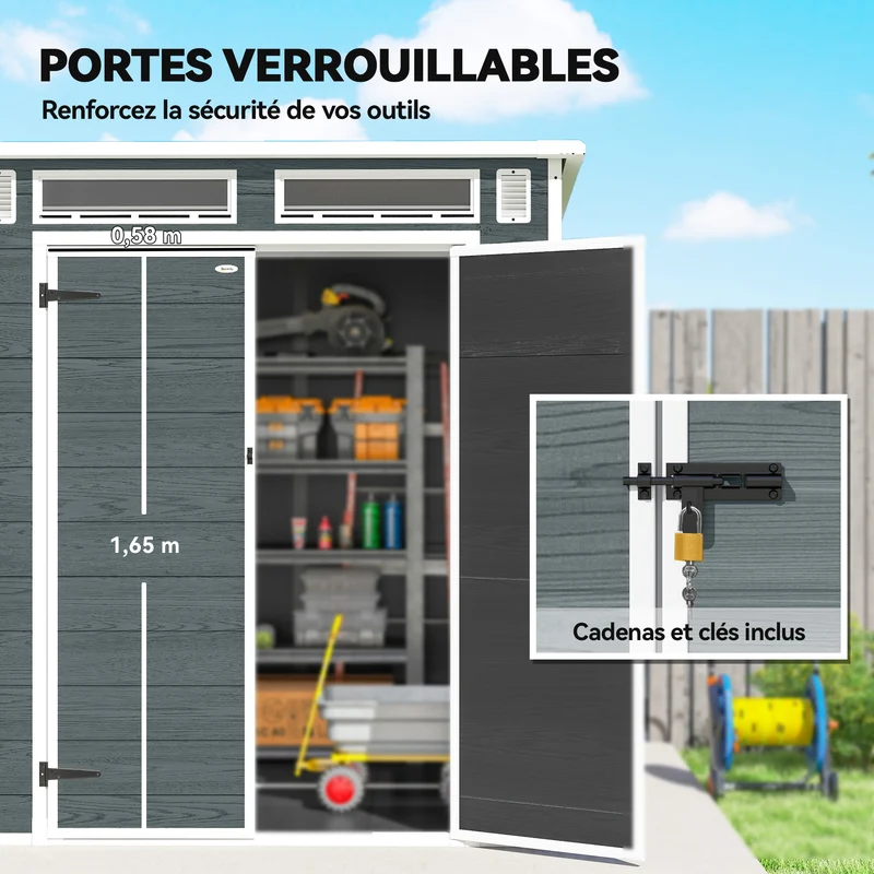 Abri de jardin double porte 182 x 182 x 196 cm rangement sécurisé ventilation anti-humidité contemporain en PP gris 21_0005616