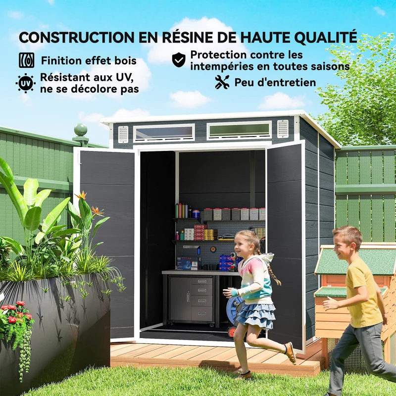Abri de jardin double porte 182 x 182 x 196 cm rangement sécurisé ventilation anti-humidité contemporain en PP gris 21_0005616