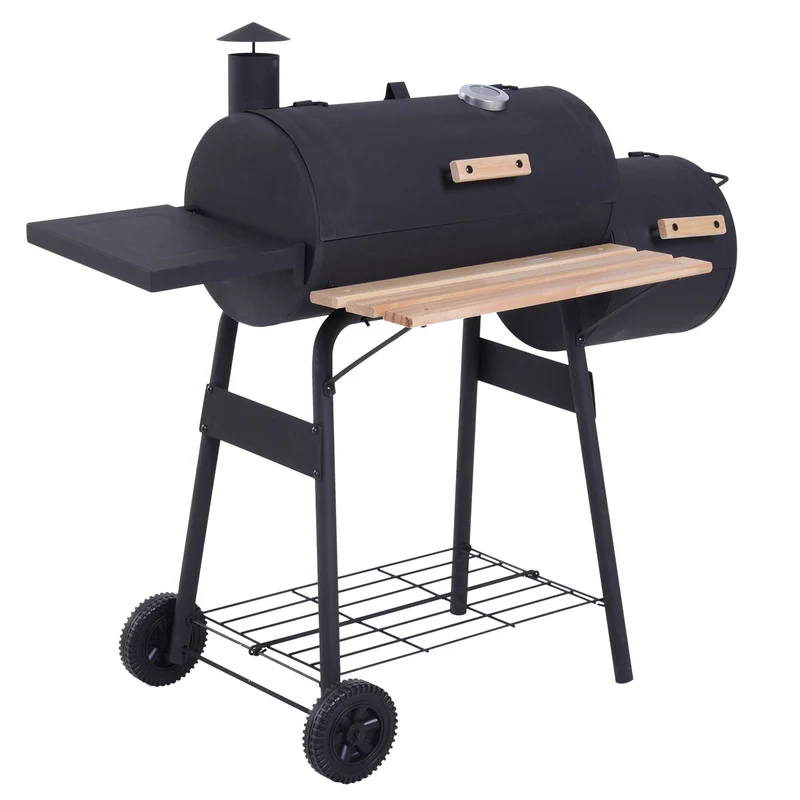 Barbecue à charbon fumoir sur pied 124 x 53 x 108 cm thermomètre intégré roulettes pratiques industriel en acier noir 21_0004388