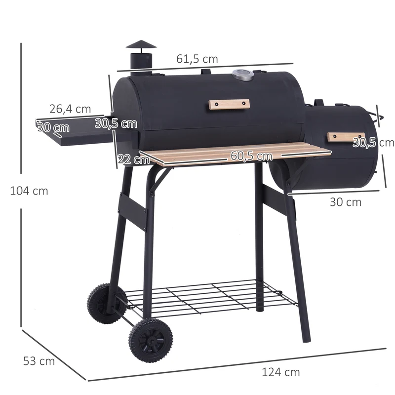 Barbecue à charbon fumoir sur pied 124 x 53 x 108 cm thermomètre intégré roulettes pratiques industriel en acier noir 21_0004388