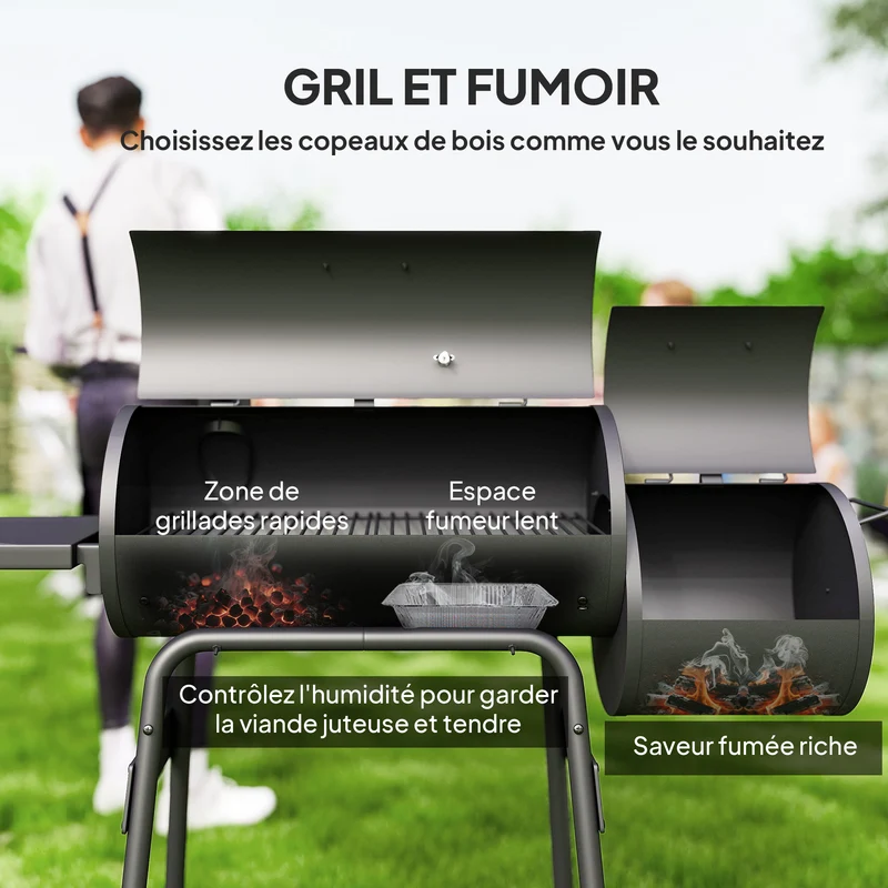 Barbecue à charbon fumoir sur pied 124 x 53 x 108 cm thermomètre intégré roulettes pratiques industriel en acier noir 21_0004388