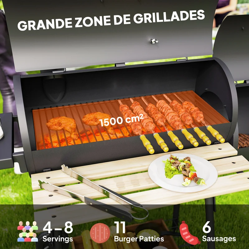 Barbecue à charbon fumoir sur pied 124 x 53 x 108 cm thermomètre intégré roulettes pratiques industriel en acier noir 21_0004388