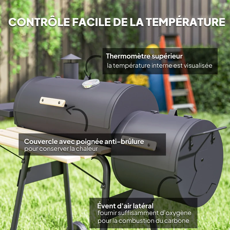 Barbecue à charbon fumoir sur pied 124 x 53 x 108 cm thermomètre intégré roulettes pratiques industriel en acier noir 21_0004388
