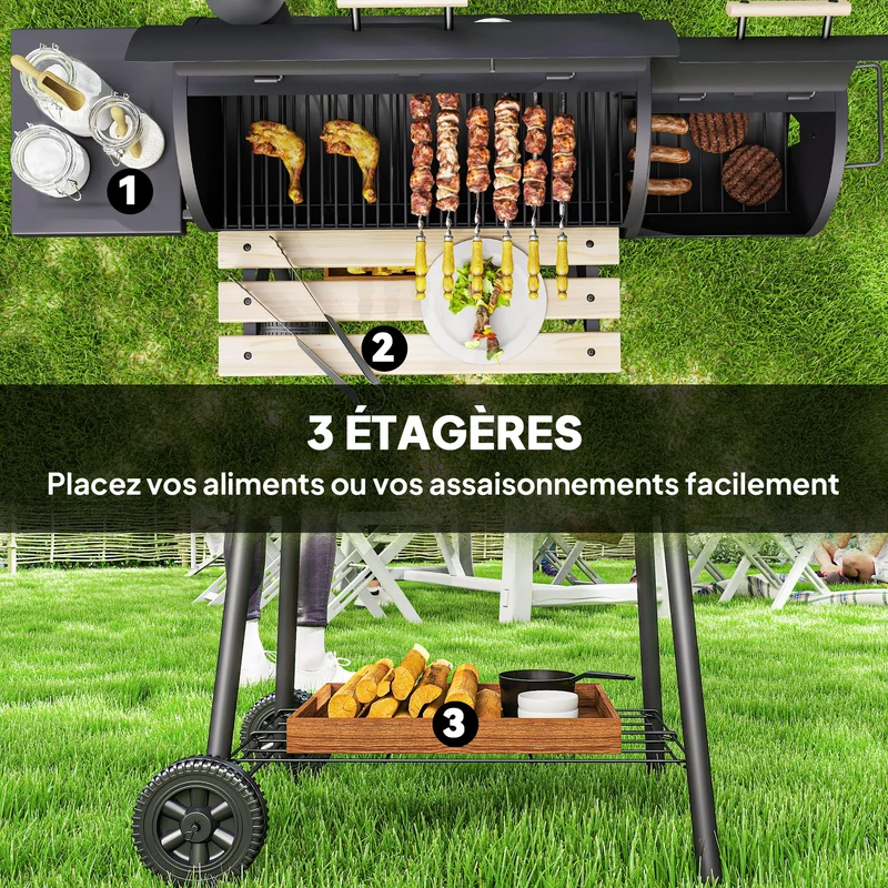 Barbecue à charbon fumoir sur pied 124 x 53 x 108 cm thermomètre intégré roulettes pratiques industriel en acier noir 21_0004388