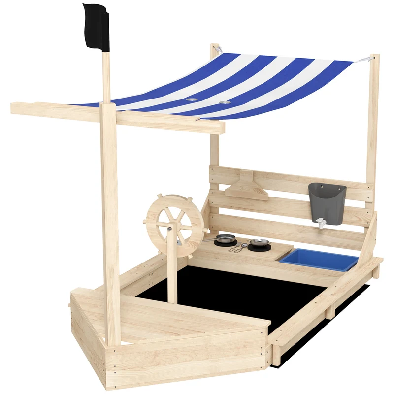 Bac à sable bateau pirate jardin 180 x 103 x 144.5 cm coffre rangement voile d'ombrage grand scandinave en bois naturel 21_0000351