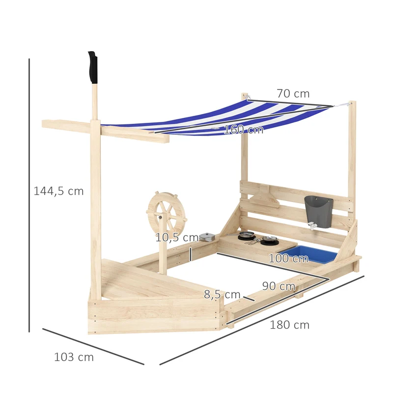 Bac à sable bateau pirate jardin 180 x 103 x 144.5 cm coffre rangement voile d'ombrage grand scandinave en bois naturel 21_0000351