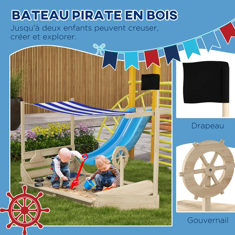 Bac à sable bateau pirate jardin 180 x 103 x 144.5 cm coffre rangement voile d'ombrage grand scandinave en bois naturel 21_0000351