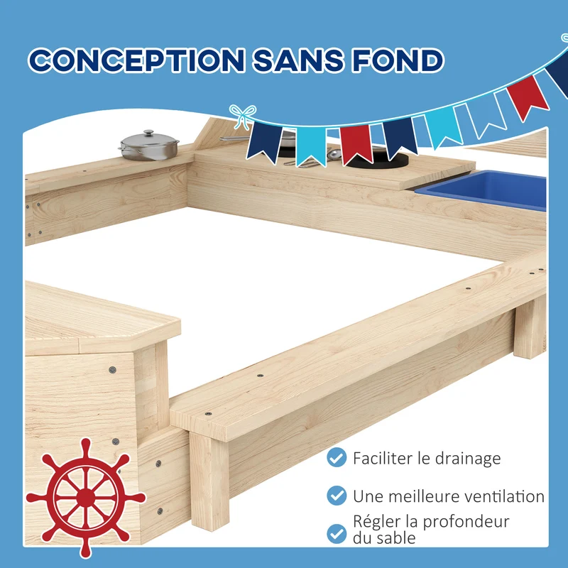 Bac à sable bateau pirate jardin 180 x 103 x 144.5 cm coffre rangement voile d'ombrage grand scandinave en bois naturel 21_0000351