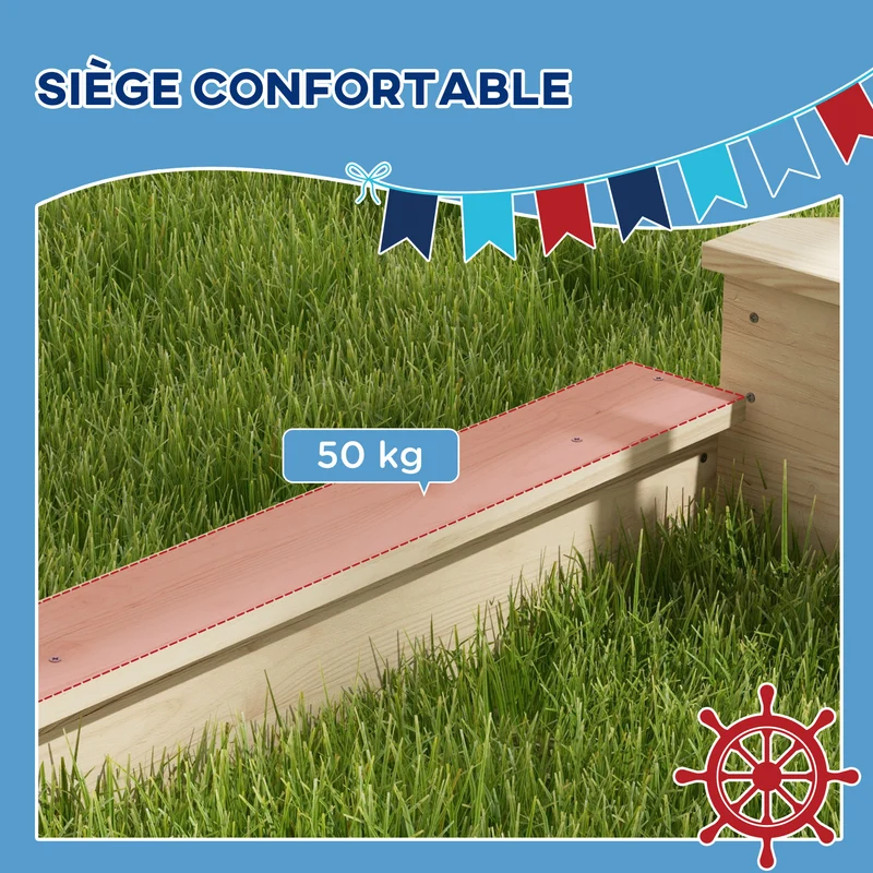 Bac à sable bateau pirate jardin 180 x 103 x 144.5 cm coffre rangement voile d'ombrage grand scandinave en bois naturel 21_0000351