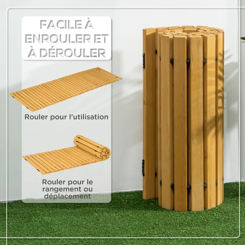 Allée de jardin en lattes enroulable terrasse balcon 185 x 60 x 1.9 cm antidérapante drainante rustique en bois jaune 21_0003965