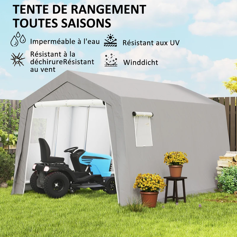 Abri de rangement extérieur pour motos et vélos 300 x 447 x 255 cm bâche étanche porte zippée moderne en métal gris clair 21_0005535