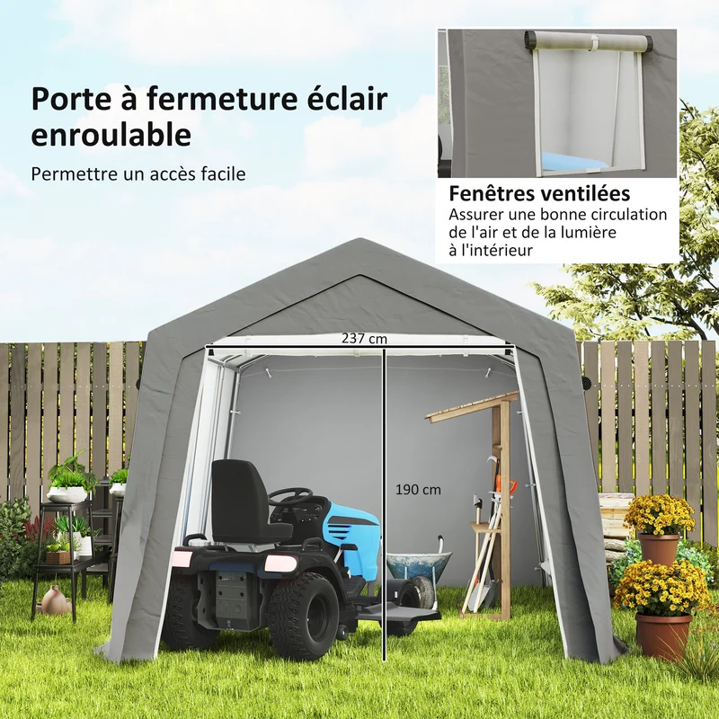 Abri de rangement extérieur pour motos et vélos 300 x 447 x 255 cm bâche étanche porte zippée moderne en métal gris clair 21_0005535