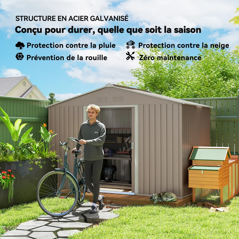Abri de jardin extérieur 277 x 195 x 192 cm double porte coulissante ventilation toit incliné moderne en acier gris clair 21_0004036