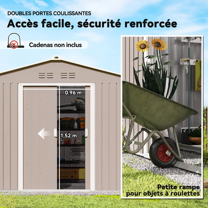 Abri de jardin extérieur 277 x 195 x 192 cm double porte coulissante ventilation toit incliné moderne en acier gris clair 21_0004036