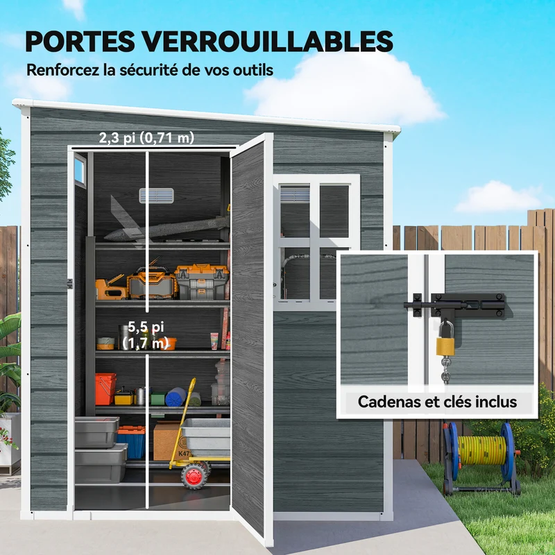 Abri de jardin cabanon de stockage 182 x 182 x 183 cm plancher intégré porte verrouillable contemporain épuré en PP gris 21_0005617