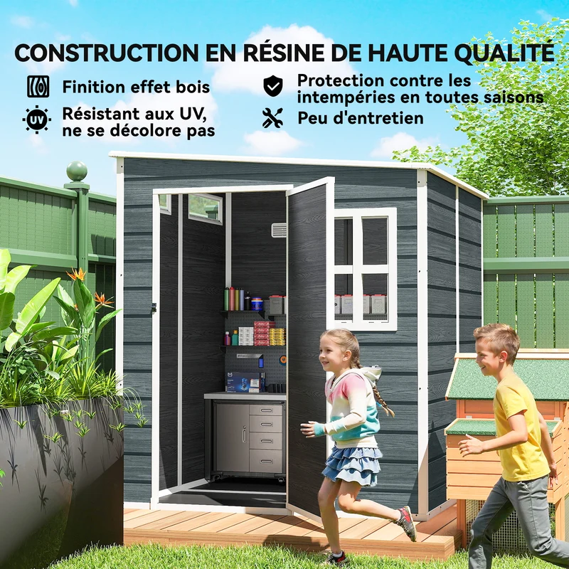 Abri de jardin cabanon de stockage 182 x 182 x 183 cm plancher intégré porte verrouillable contemporain épuré en PP gris 21_0005617