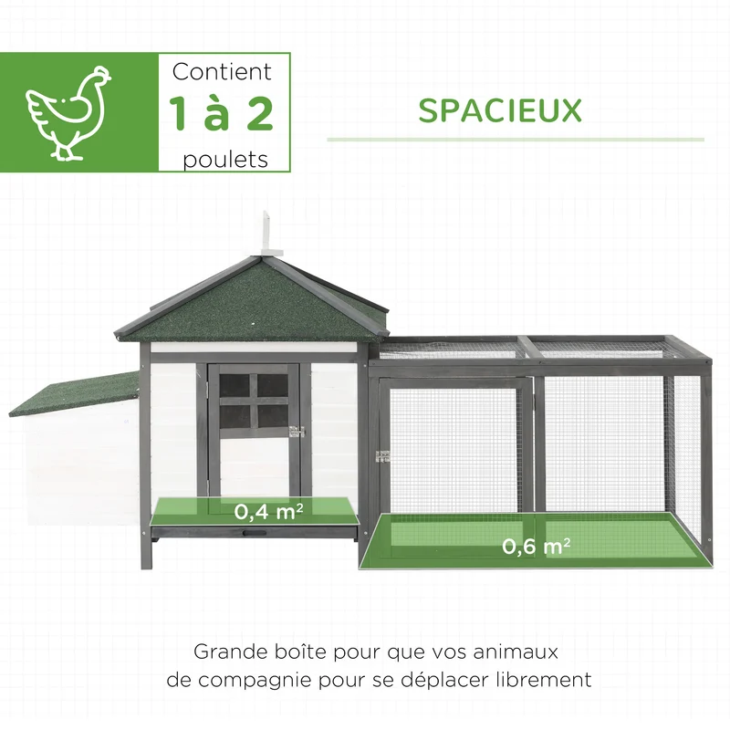 Poulailler maisonnette extérieur 196 x 76 x 97 cm pondoir double tiroir à déjection rustique contemporain en bois gris 21_0007874