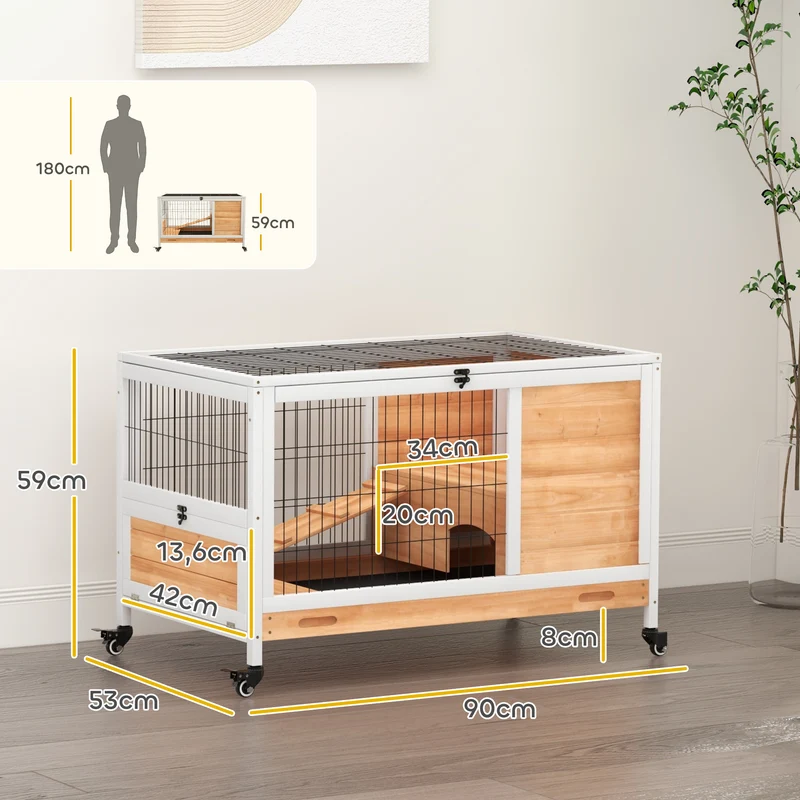 Clapier lapin intérieur à deux niveaux 90 x 53 x 59 cm toit ouvrant plateau amovible scandinave épuré en bois jaune 21_0007893