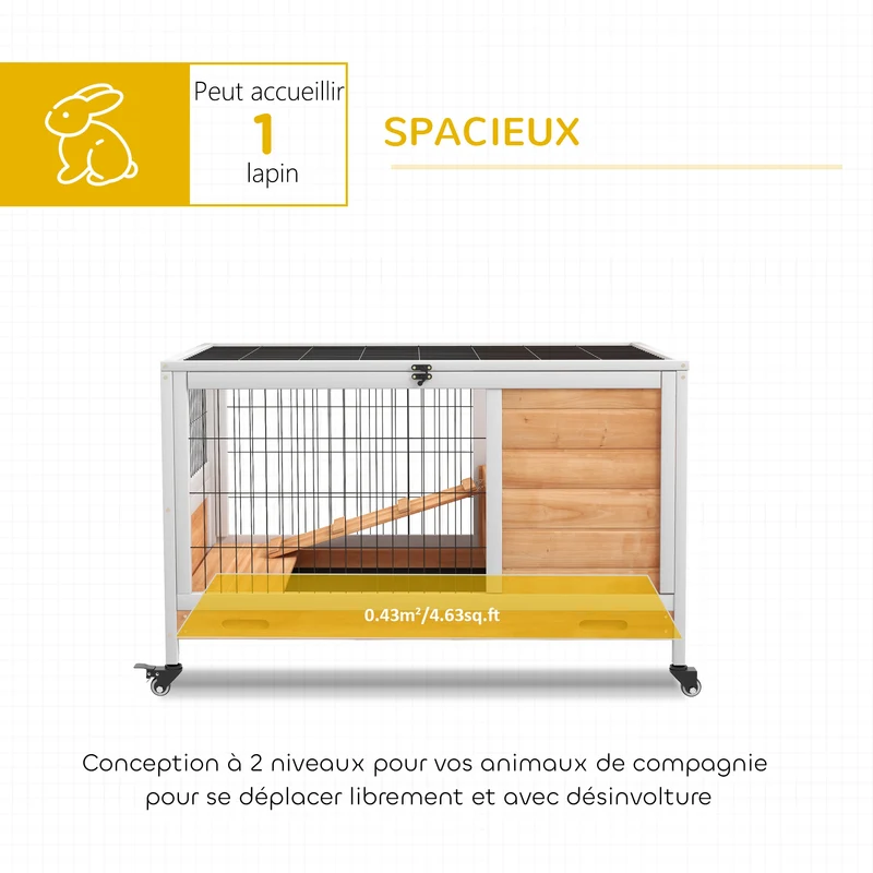 Clapier lapin intérieur à deux niveaux 90 x 53 x 59 cm toit ouvrant plateau amovible scandinave épuré en bois jaune 21_0007893