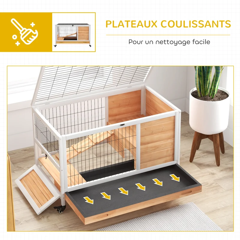 Clapier lapin intérieur à deux niveaux 90 x 53 x 59 cm toit ouvrant plateau amovible scandinave épuré en bois jaune 21_0007893