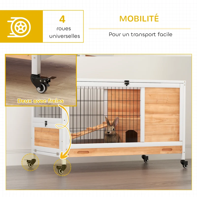 Clapier lapin intérieur à deux niveaux 90 x 53 x 59 cm toit ouvrant plateau amovible scandinave épuré en bois jaune 21_0007893
