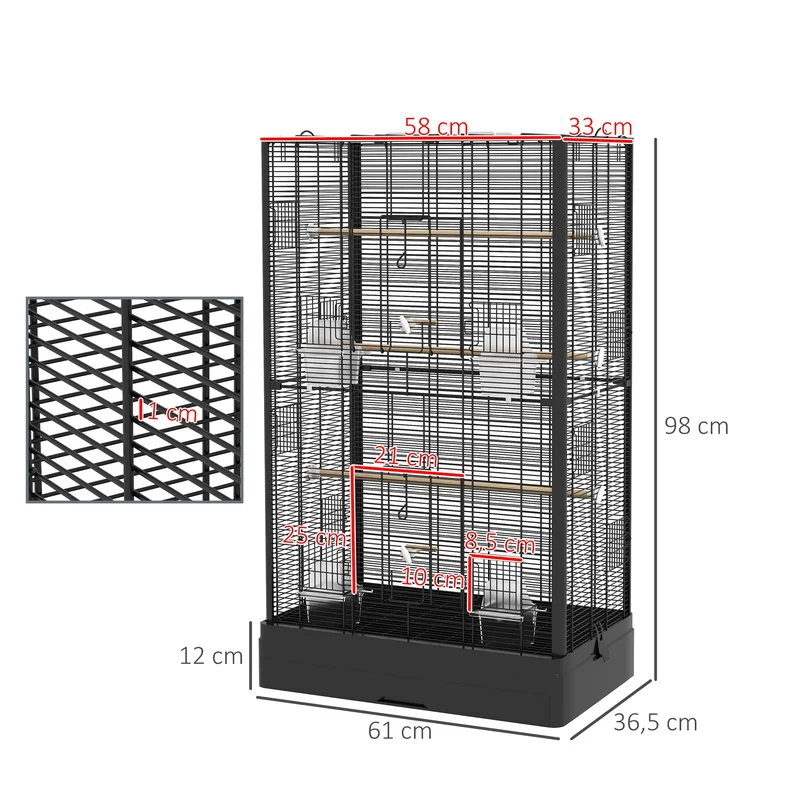 Cage à oiseaux volière 61 x 36.5 x 98 cm accès facile plusieurs portes perchoirs inclus style industriel en acier noir 21_0007585