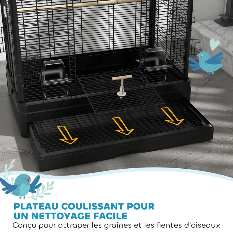 Cage à oiseaux volière 61 x 36.5 x 98 cm accès facile plusieurs portes perchoirs inclus style industriel en acier noir 21_0007585