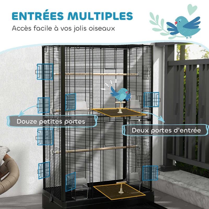 Cage à oiseaux volière 61 x 36.5 x 98 cm accès facile plusieurs portes perchoirs inclus style industriel en acier noir 21_0007585