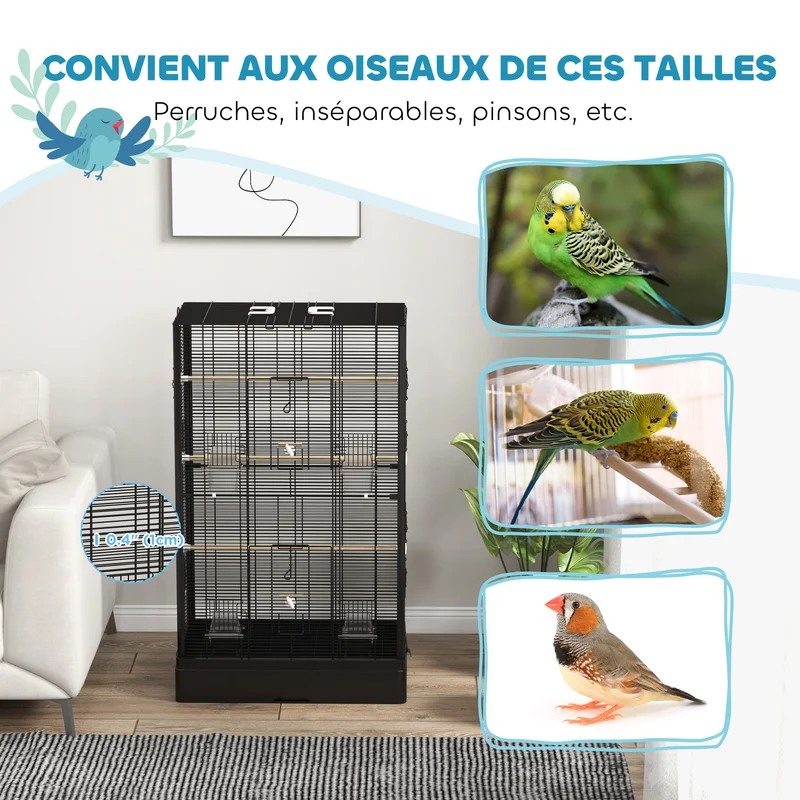 Cage à oiseaux volière 61 x 36.5 x 98 cm accès facile plusieurs portes perchoirs inclus style industriel en acier noir 21_0007585