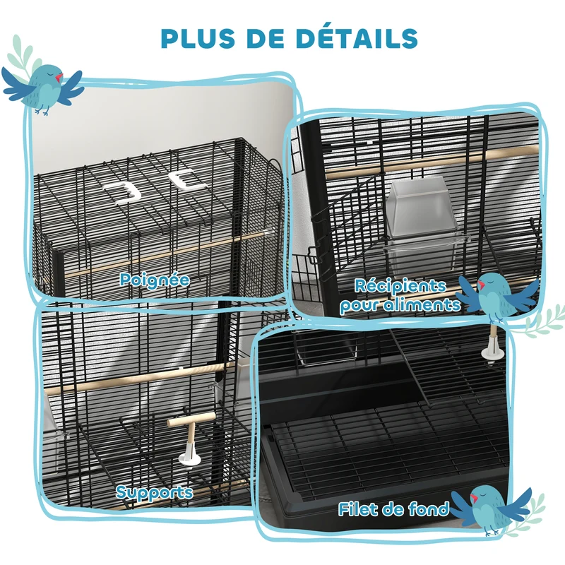 Cage à oiseaux volière 61 x 36.5 x 98 cm accès facile plusieurs portes perchoirs inclus style industriel en acier noir 21_0007585