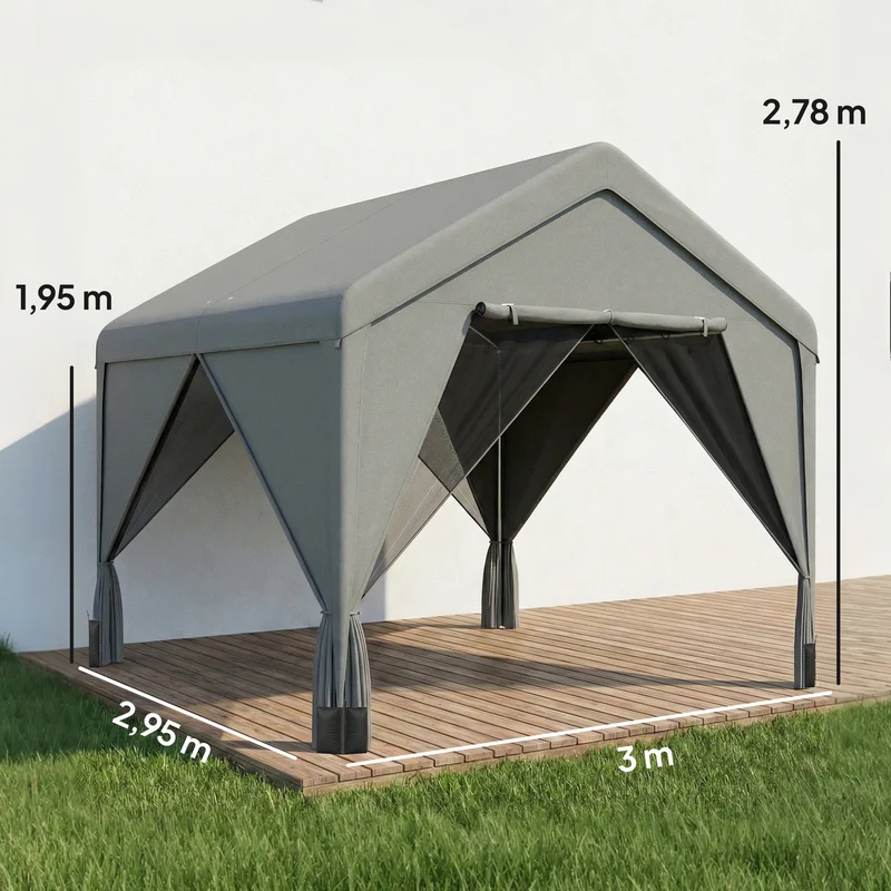 Tonnelle de jardin pavillon 295 x 300 x 278 cm toit hydrofuge parois modulables moderne design en acier galvanisé gris 21_0004910