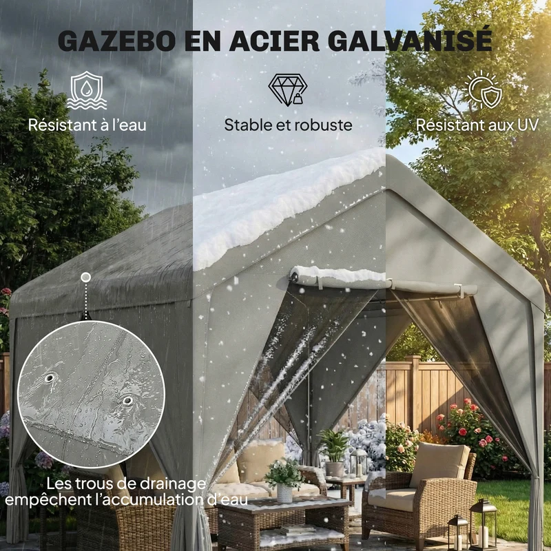Tonnelle de jardin pavillon 295 x 300 x 278 cm toit hydrofuge parois modulables moderne design en acier galvanisé gris 21_0004910