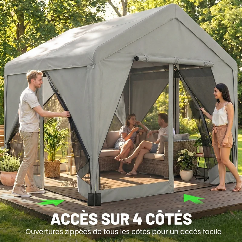 Tonnelle de jardin pavillon 295 x 300 x 278 cm toit hydrofuge parois modulables moderne design en acier galvanisé gris 21_0004910