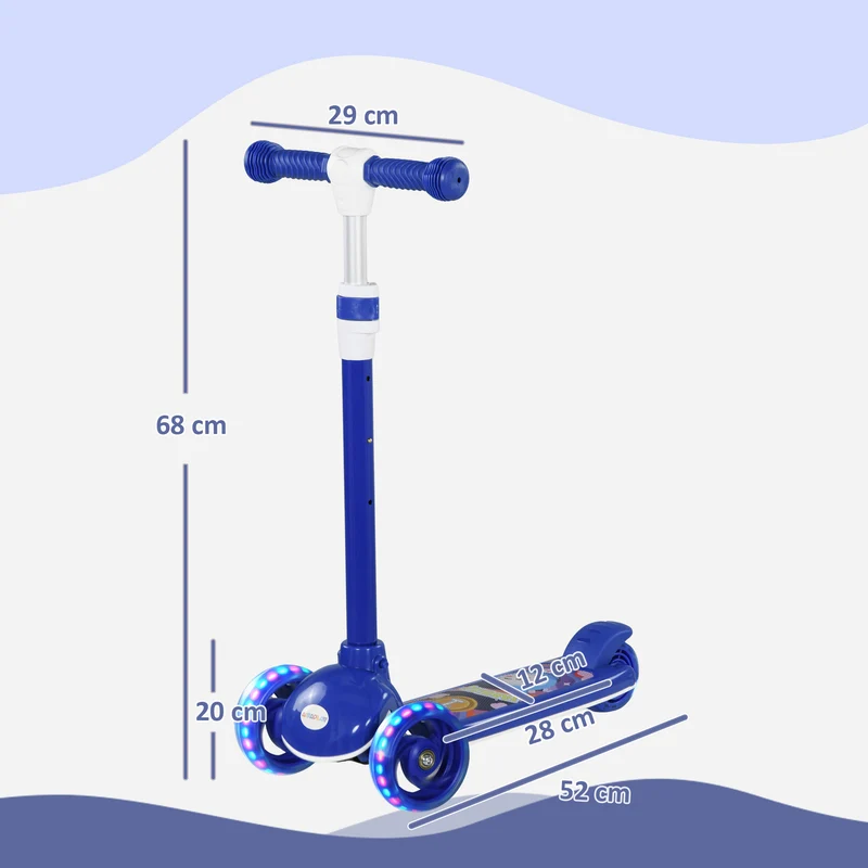 Trottinette enfant trois roues initiation 52 x 29 x 76 cm guidon réglable roues lumineuses pliable design en PP bleu 21_0000687