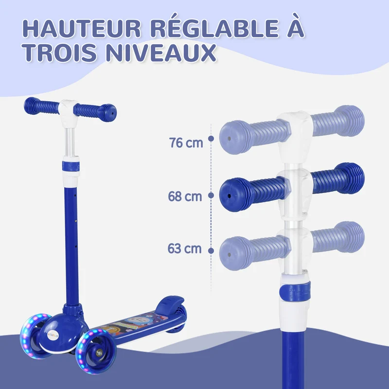 Trottinette enfant trois roues initiation 52 x 29 x 76 cm guidon réglable roues lumineuses pliable design en PP bleu 21_0000687