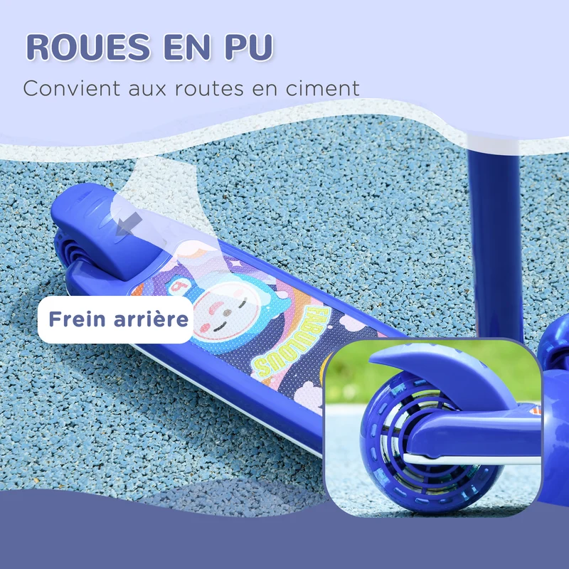 Trottinette enfant trois roues initiation 52 x 29 x 76 cm guidon réglable roues lumineuses pliable design en PP bleu 21_0000687