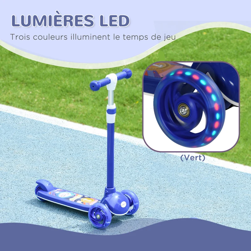 Trottinette enfant trois roues initiation 52 x 29 x 76 cm guidon réglable roues lumineuses pliable design en PP bleu 21_0000687