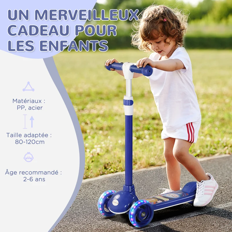 Trottinette enfant trois roues initiation 52 x 29 x 76 cm guidon réglable roues lumineuses pliable design en PP bleu 21_0000687
