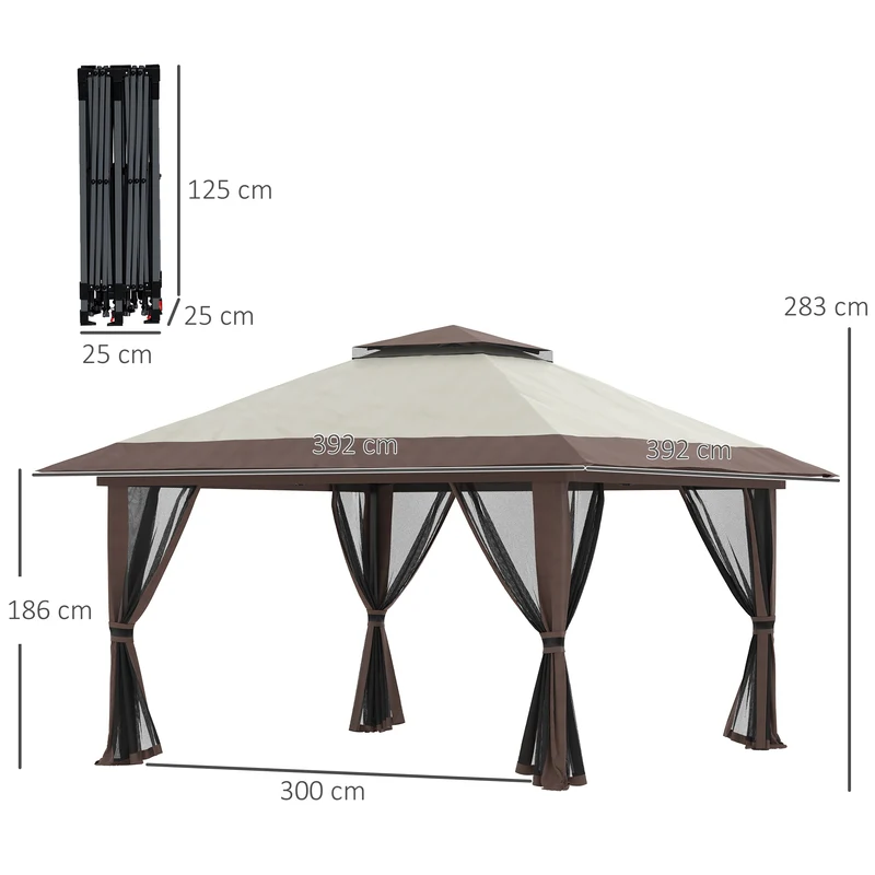 Tonnelle pliante jardin 392 x 392 x 283 cm protection UV50+ montage rapide armature stable classique en polyester beige 21_0004793