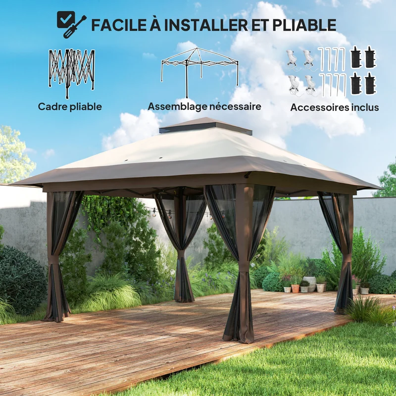 Tonnelle pliante jardin 392 x 392 x 283 cm protection UV50+ montage rapide armature stable classique en polyester beige 21_0004793