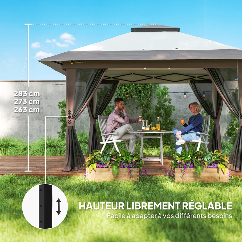 Tonnelle pliante jardin 392 x 392 x 283 cm protection UV50+ montage rapide armature stable classique en polyester beige 21_0004793
