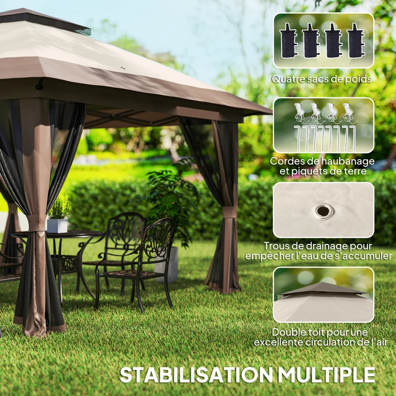 Tonnelle pliante jardin 392 x 392 x 283 cm protection UV50+ montage rapide armature stable classique en polyester beige 21_0004793