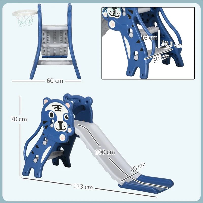 Toboggan pour enfants intérieur tigre 133 x 60 x 70 cm avec panier de basket antidérapant design en polyéthylène bleu 21_0000296
