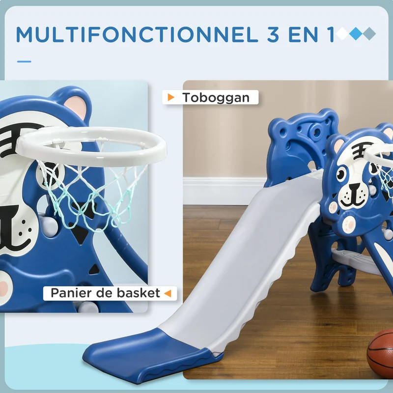 Toboggan pour enfants intérieur tigre 133 x 60 x 70 cm avec panier de basket antidérapant design en polyéthylène bleu 21_0000296